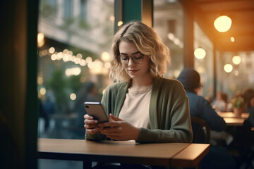 A woman uses her cell phone while seated in a cafe, seamlessly blending technology and everyday life. Generative Ai, Ai.
