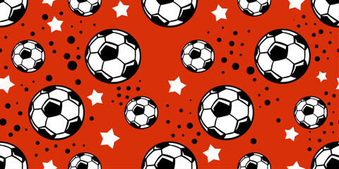 Soccer balls and stars. Football pattern from balls, red background. Pattern for textiles, pillows, clothes, background, packaging, notepads. Stylish pattern.