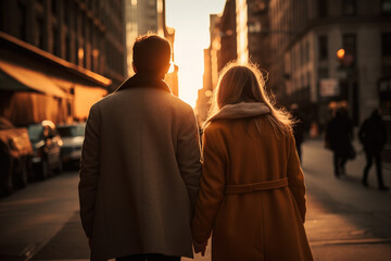 A romantic and dreamy view of a couple holding hands on a New York City street during sunrise. The...