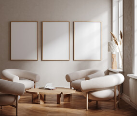 Frame mockup in contemporary minimalist beige room interior, 3d render 