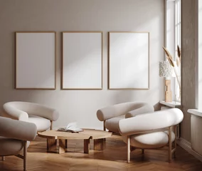 Gordijnen Frame mockup in contemporary minimalist beige room interior, 3d render  © artjafara