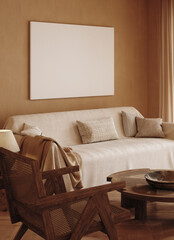 Home mockup, living room in Japandi style, 3d render	