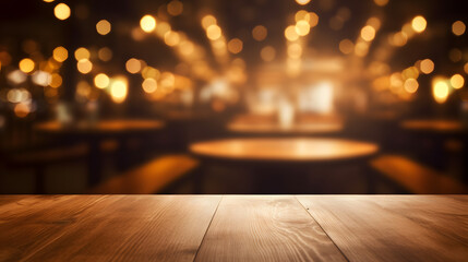 Wooden round table and pub or bar blur background
