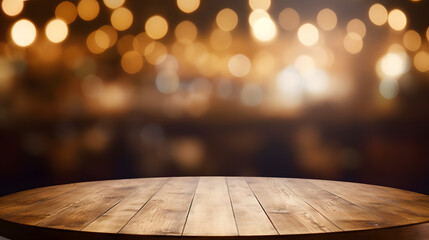 Wooden round table and pub or bar blur background
