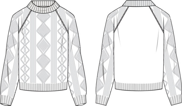 Women's Cable Jumper- Technical fashion illustration. Front and back, white color. Women's CAD mock-up.