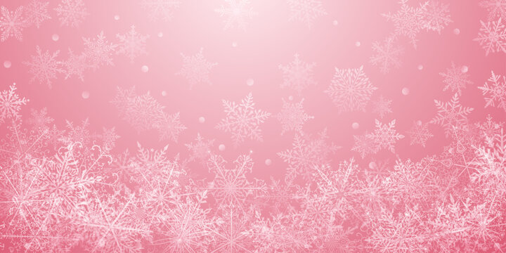 Christmas background of beautiful complex snowflakes in pink colors. Winter illustration with falling snow