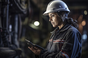 Woman in hardhat using tablet in factory