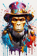 Illustration of monkey face painting with splashes of color paint
