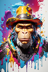 Illustration of monkey face painting with splashes of color paint