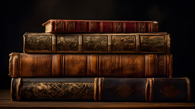 literature concept: banner or header image with stack of antique leather bound books 
