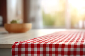 Table with red checkered tablecloth with defocused kitchen in the background, to place product or advertising