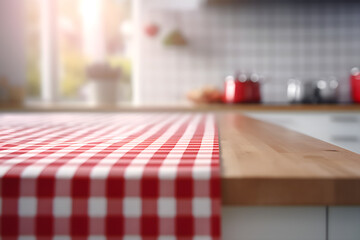 Table with red checkered tablecloth with defocused kitchen in the background, to place product or advertising