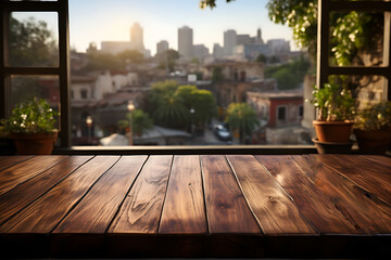 Empty wooden table with window background giving a view to a Latin American city