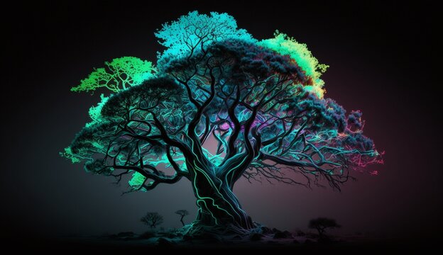 Beautiful tree green neon light forest nature wallpaper picture AI generated art