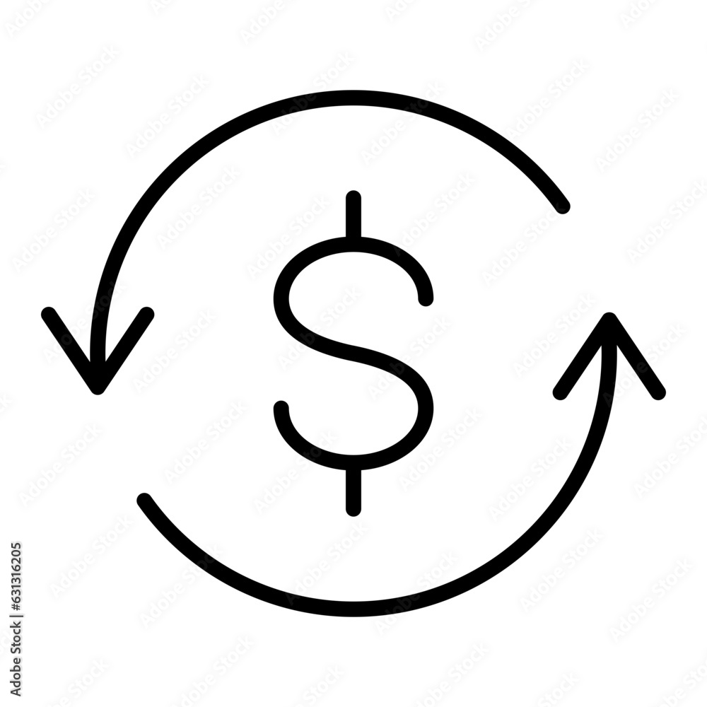 Poster black round money back refund investment thin line icon, financial repeat arrow flat design vector p