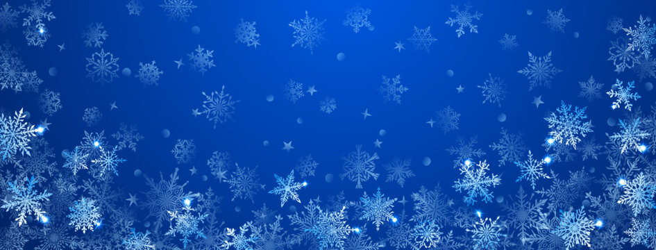 Christmas background of beautiful complex big and small snowflakes in blue colors. Winter illustration with falling snow