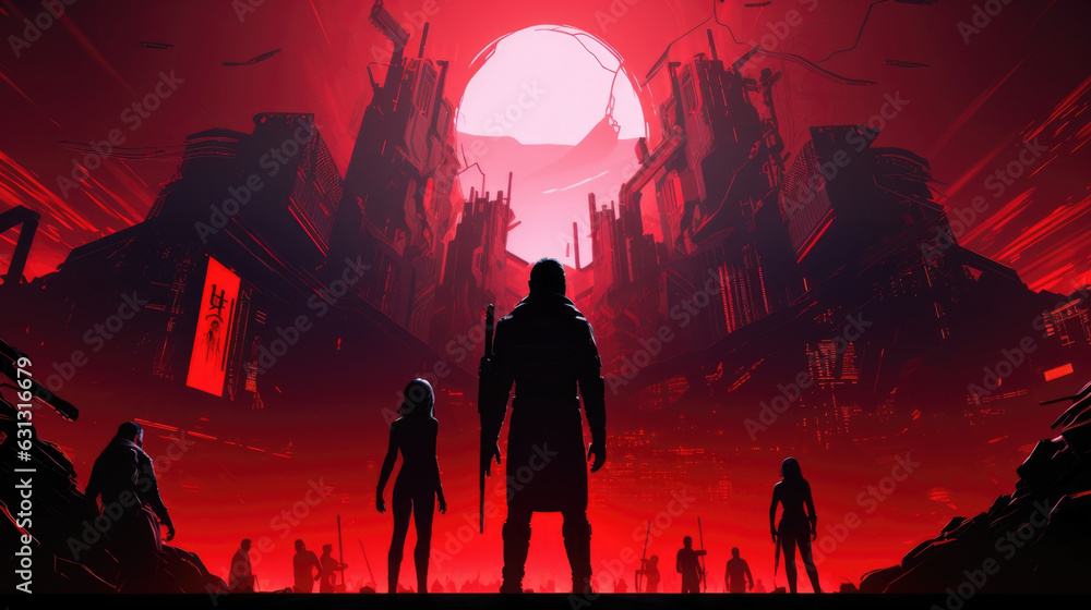 Poster silhouette of two opponents wearing virtual reality armor standing in a massive futuristic cyberpunk