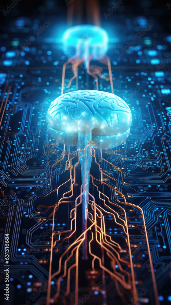 Poster a circuitboard with artificial neurons connected to a holographic map of a human brain with a visual