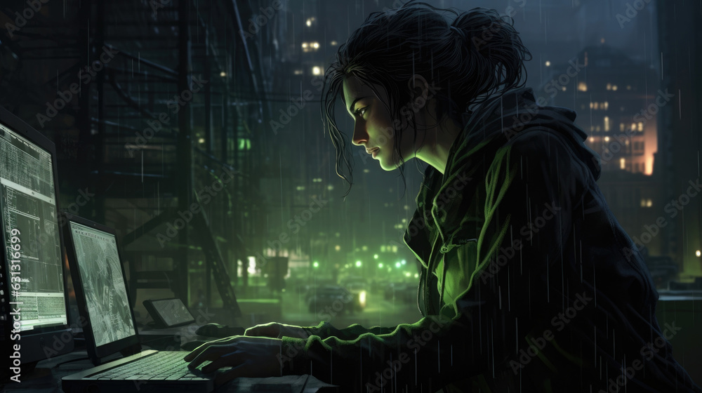 Aufkleber an image of a hacker in a dark alley her face illuminated green from the light of her computer monit