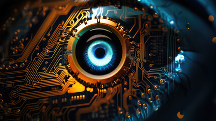 A closeup image of a processing chip with glowing circuitry modeled in the shape of an eye representing a cybernetic cyberpunk ar