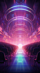 A brightly lit auditorium with rows of chairs each one with a futuristic neon headset connected to a central computer. cyberpunk ar