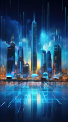A city skyline illuminated by a neon blue sky illuminated with holographic projections and buildings with a modern digital cyberpunk ar