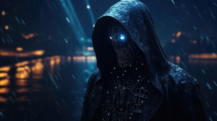 A figure clad in a hooded black cloak standing on a boat in a void of stars with an array of LEDs across the body and cyberpunk ar