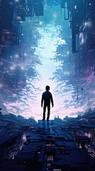 Fototapeta premium A silhouetted figure standing in a sea of computergenerated landscapes their arms out in a motion of free flowing motion cyberpunk ar