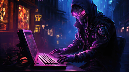A person in a cyberpunkthemed cityscape wearing a full body suit and a monocle typing away at a futuristic holographic cyberpunk ar