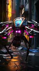 A closeup of a cyberpunk drone with multicolored LED lights glowing from its body and illuminated against a dark alleyway. cyberpunk ar