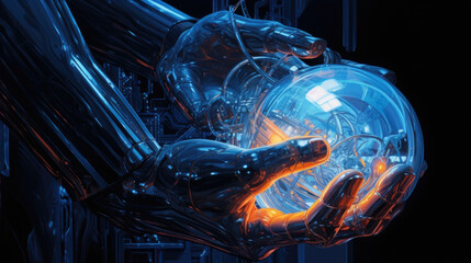 A closeup of a cyborgs hand reverently another humans face both lit up by a bright blue light from a nearby cybernetic cyberpunk ar
