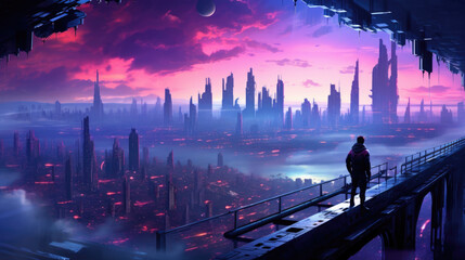Fototapeta na wymiar A futuristic urban skyline rises high into the sky illuminated by a neonlit horizon while two rival gangs are locked cyberpunk ar