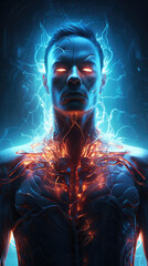 An image of a human body with electrical pathways glowing beneath the skin connecting augmented . cyberpunk ar