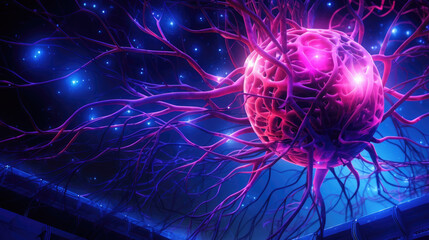 An image of a persons brain mapped out with the entire network of neurons glowing in neon blue with bright magenta pathways cyberpunk ar