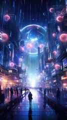 A swirling mass of swirling 3D holograms all vying for attention in a busy cyberpunk market. cyberpunk ar