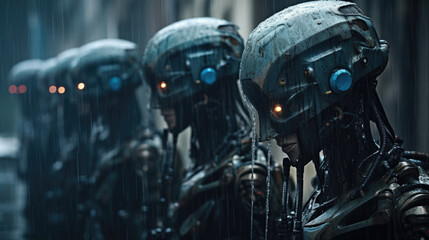 Fototapeta premium A group of robotic sentries their robotic noses filled with sensors and mechanical smell receptors. cyberpunk ar