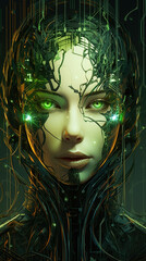 A womans face made up of intricate circuitry and wires with a glowing green neural network in the background. cyberpunk ar