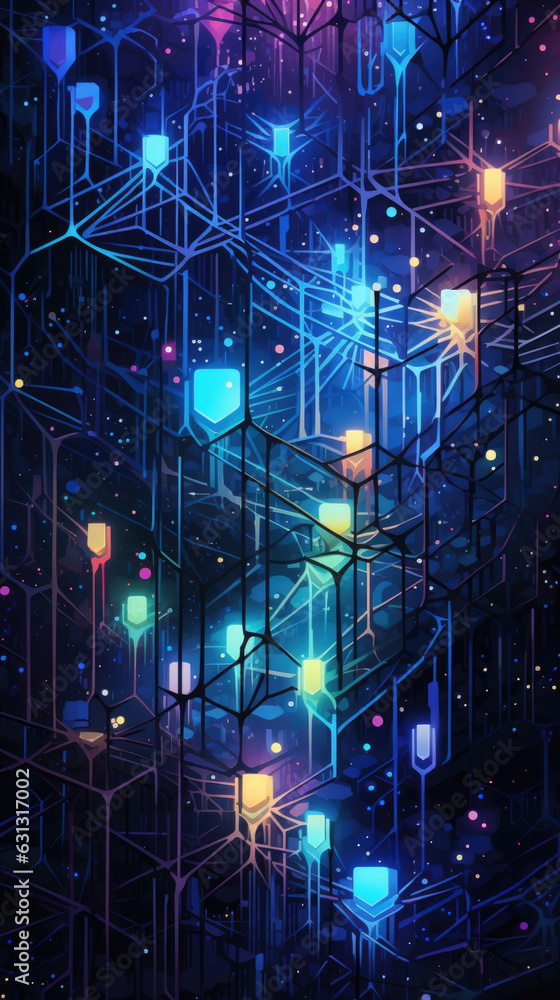 Poster an illuminated cyberspace scene with a network of interconnected nodes filled with colorful psychede