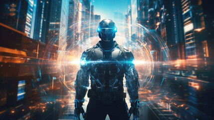 A person in a cybernetic suit standing in a virtual space with holograms and light streaming through them. cyberpunk ar
