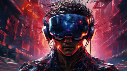 A cyberpunk figure gliding effortlessly through their virtual world as they traverse a neon landscape full of intense cyberpunk ar