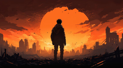 A metallic figure silhouetted against an orange sky its posture expressing hopelessness in the midst of a dystopian world. cyberpunk ar