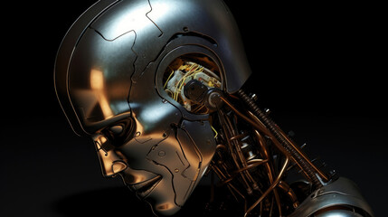 A shiny metallic android its skull split open to reveal a brain with a cable connecting its head to an advanced computer cyberpunk ar