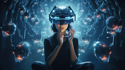 A woman wearing a glowing hitech visor while sitting in a dark room surrounded with flashing LED screens her hands softly cyberpunk ar