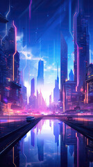 Night view of an urban skyline featuring futuristic structures lit up with brightlylit neon signs. cyberpunk ar