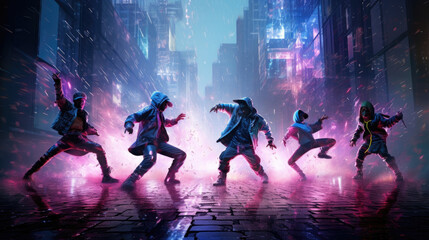 A squad of breakdancers competing in a cyberspace battle silhouetted by a rain of holographic datashards cascading all cyberpunk ar