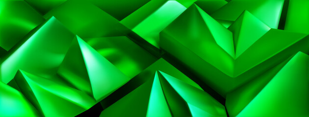 Abstract background of a pile of 3d pyramids and other shapes with sharp corners and smoothed edges, in shades of green colors