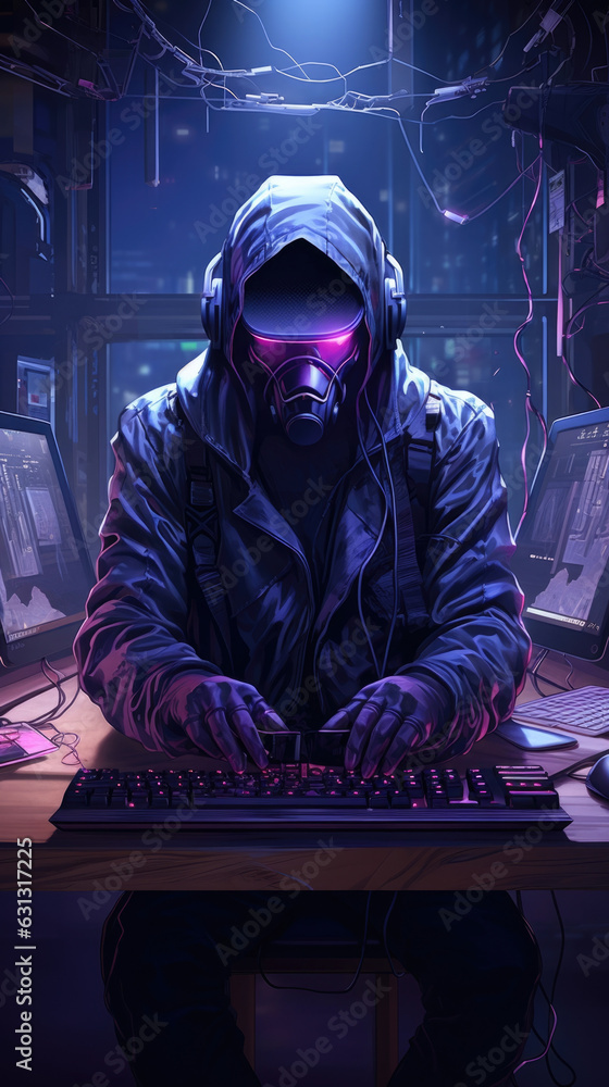 Aufkleber A person seated at a computer wearing a metallic hood with a computer virus hovering ominously over their head and a cyberpunk ar