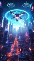 An aerial view of a city skyline filled with flying drones with bright neon signs illuminating the street below. cyberpunk ar