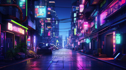 Fototapeta premium A closeup view of a dark alleyway lined with glowing neon signs and illuminated by colorful spotlights. cyberpunk ar