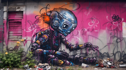 A cyberpunk artist spraypainting a mural of a robotic figure on an abandoned city wall surrounded by a chaotic urban cyberpunk ar